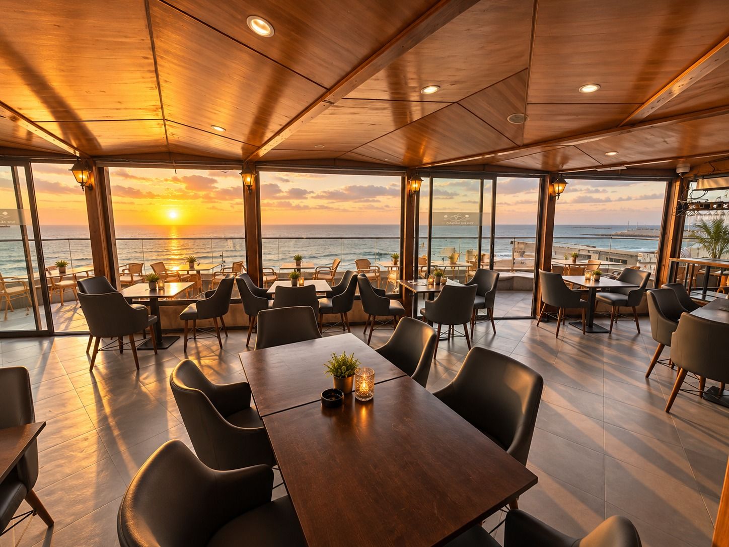 Le restaurant rooftop de l'hôtel au lever du soleil, face à la baie